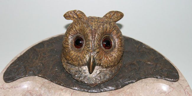 INKWELL SET VIENNA BRONZE OWL w. MARBLE BOWL c. 1900  