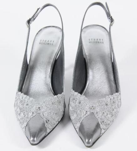 Stuart Weitzman Rhinestone Lace Silver Leather Slingback Mules 9.5 N 