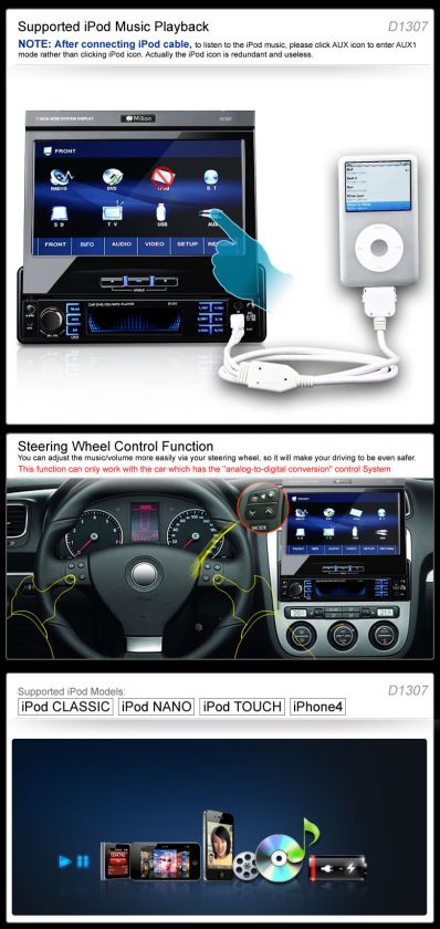 D1307 1Din 7 Detachable Car Stereo Player USB/SD/AVI/DVD//Pod 