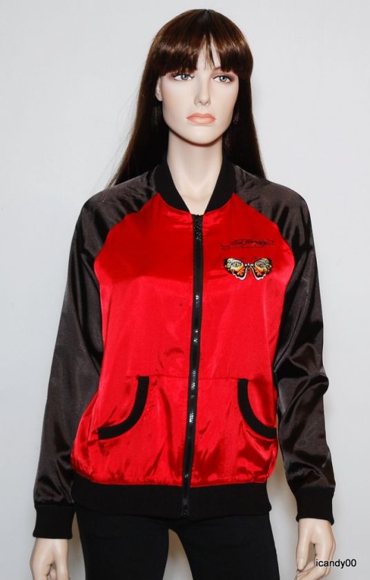 NWT ED HARDY SATEEN JACKET TOP WINDBREAKER ~RED *M  