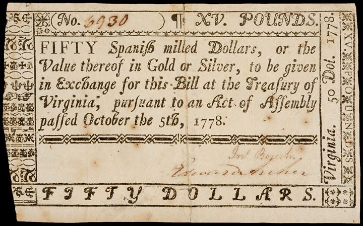 Colonial Currency, VA, October 5, 1778, $50  