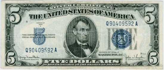 1934 D FIVE DOLLAR BLUE SEAL $5 SILVER CERTIFICATE NOTE  