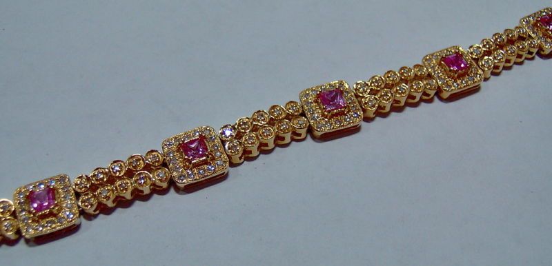 14kt Gold Princess Cut PINK SAPPHIRE & Diamond BRACELET Stunning 