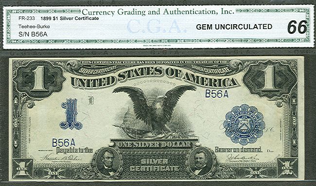   Silver Certificate, 1899, Fr. #233, Low Serial #, CGA Grade 66 Gem UNC