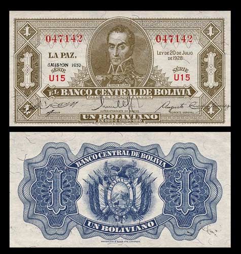 BOLIVIANO Banknote BOLIVIA 1952   Simón BOLÍVAR   AU  