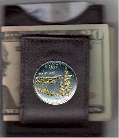 Gold on Silver Oregon Statehood Quarter in a Folding Leather Money 