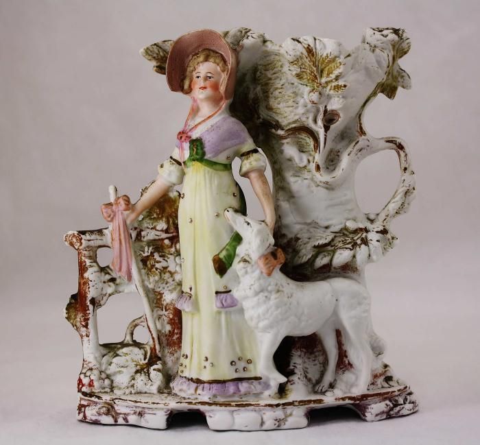 Antique German Porcelain Girl & Wolfhound Spill Vase  