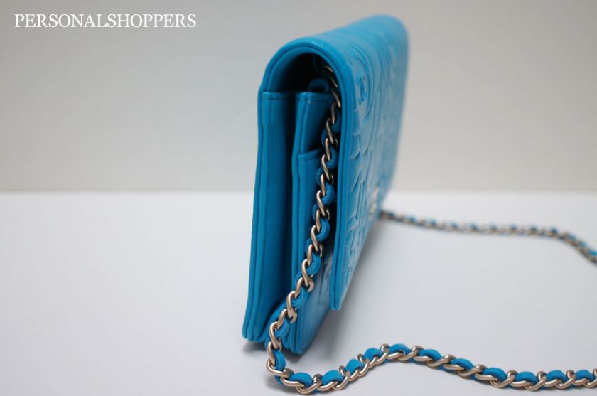   CHANEL TURQUOISE GHW CAMELLIA LEATHER WALLET ON A CHAIN WOC BAG  