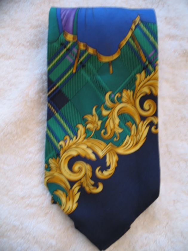 Gianni Versace V2 tie   tartan pattern + dramatic scroll design  