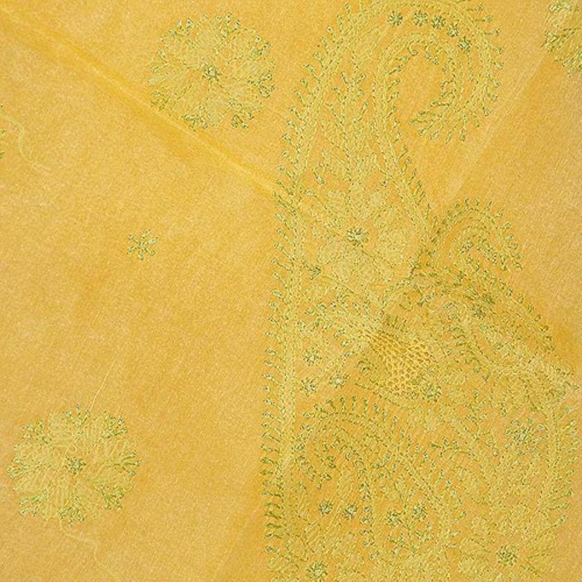 Sari Clothing Cotton Chikan Embroidery Yellow  