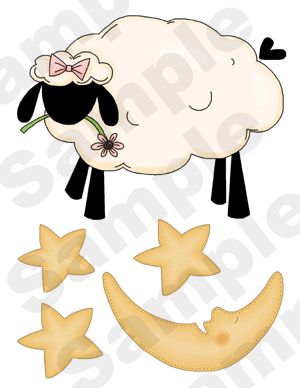 The sheep is 7.75 x 5.75. The moon is 7.5 x 4. The largest star is 2 