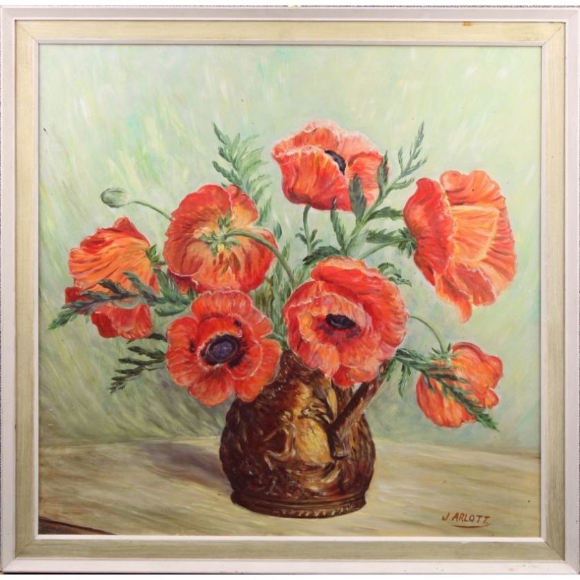 Modernist Poppies in Copper Jug Still Life Oil Painting  