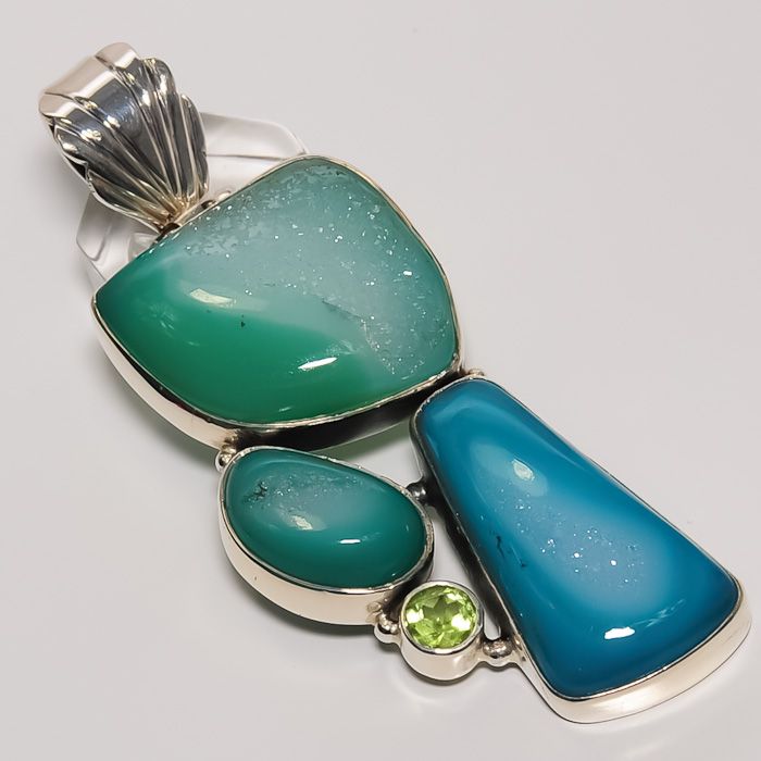 DAZZLING  GREEN AGATE DRUZY , PERIDOT .925 SILVER PENDANT 2.75 