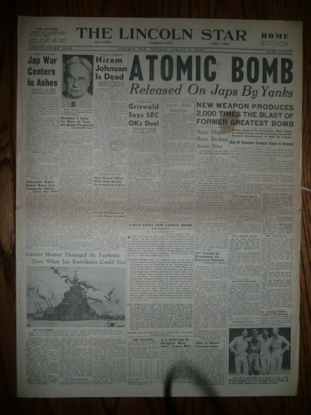 1945 Newspaper Atom Bomb Hiroshima Japan Atomic WWII WW2 United States 