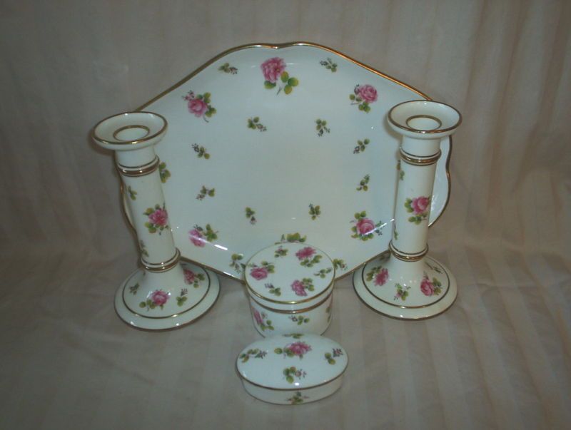 Antique MINTON 7 pc Dresser Set Tray Candlesticks Powder Jar & Oval 