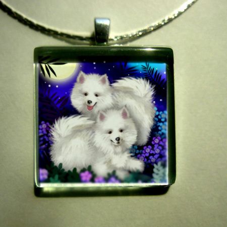 AMERICAN ESKIMO DOGS GLASS TILE PENDANT FREE CHAIN  