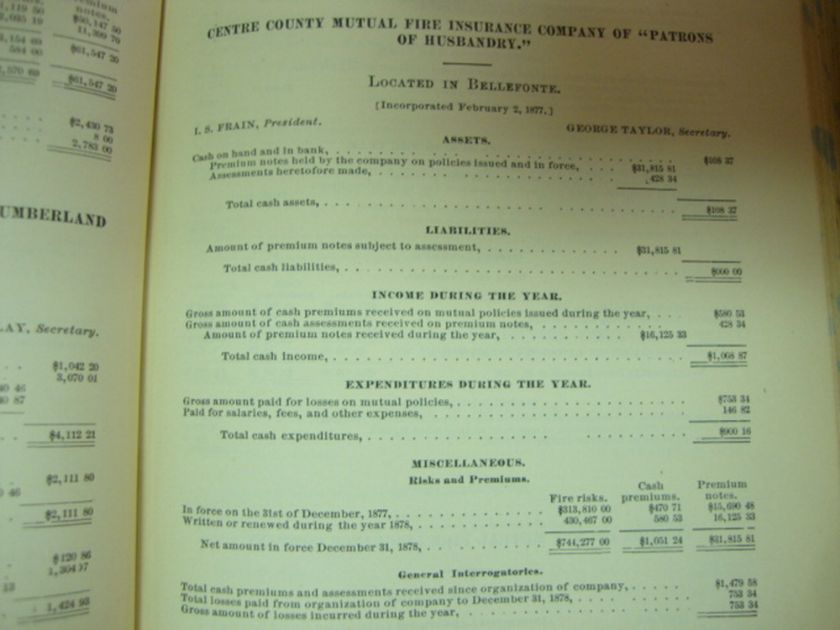 Pennsylvania Fire & Marine Insurance Report 1878  