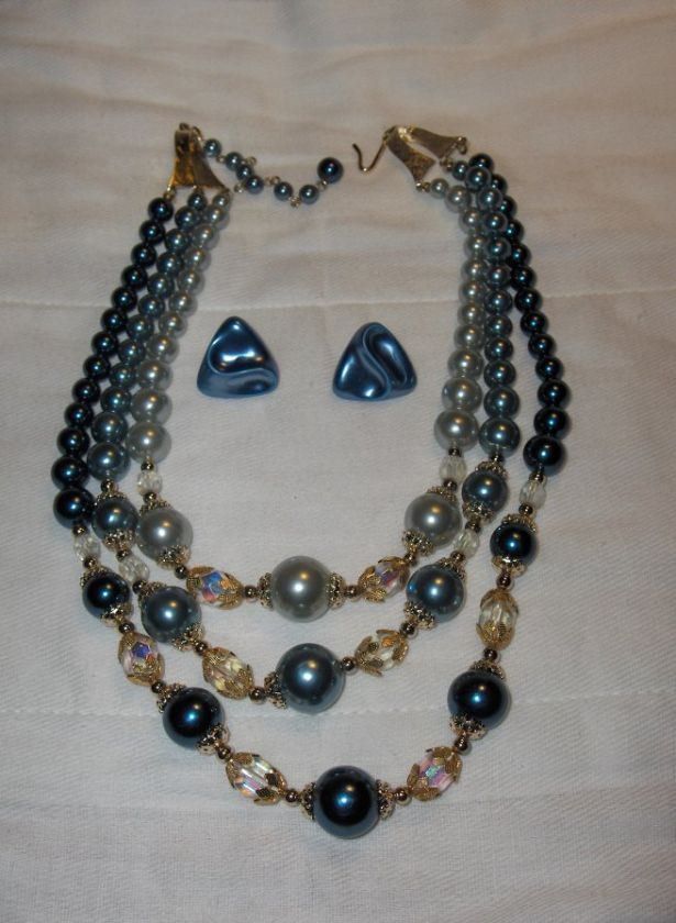 Vintage Costume Jewelry Blue Necklace Earrings Japan  