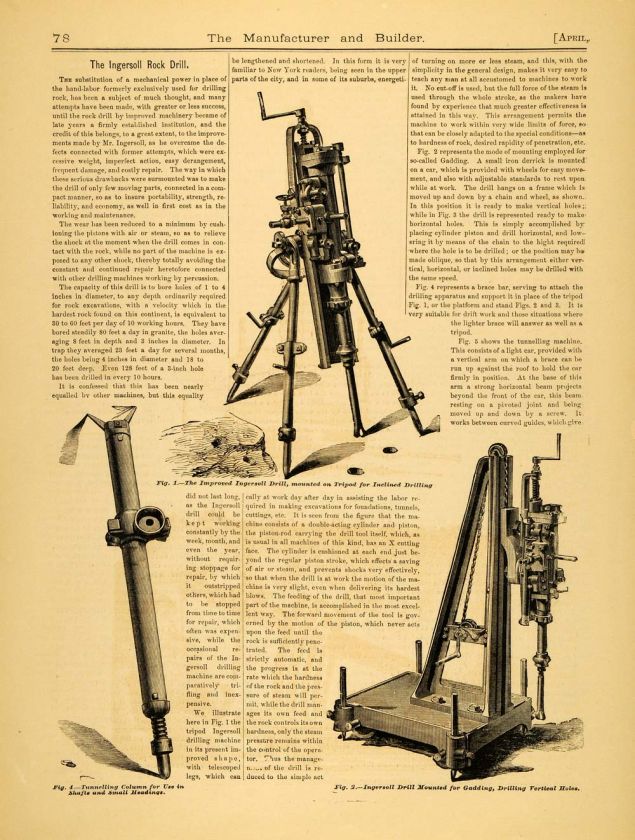 1874 Article Ingersoll Rock Drill Tripod Antique Machine Mine Mining 