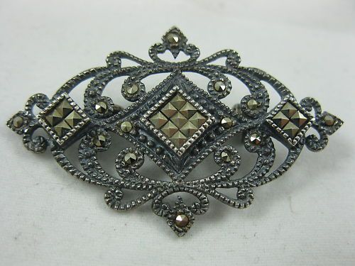 Vintage Sterling Silver MARCASITE Scroll Brooch  