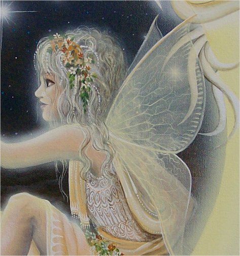 Folk Art Fantasy FAIRY Baby DRAGON Over the Moon PRINT  