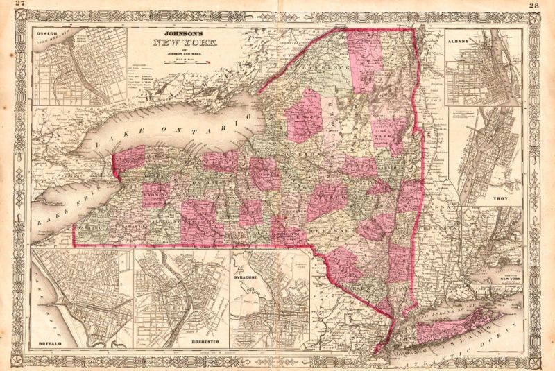 Large1864 Civil War Map of New York by Johnson and Ward  