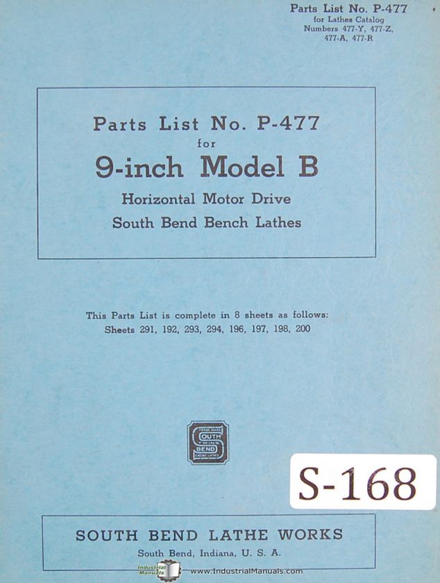 South Bend Lathe Works, 9 Inch B, Parts P 477 Manual  