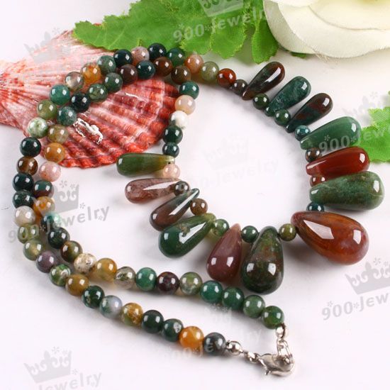 INDIAN AGATE GEM STONE TEARDROP PENDANT BEADS NECKLACE  