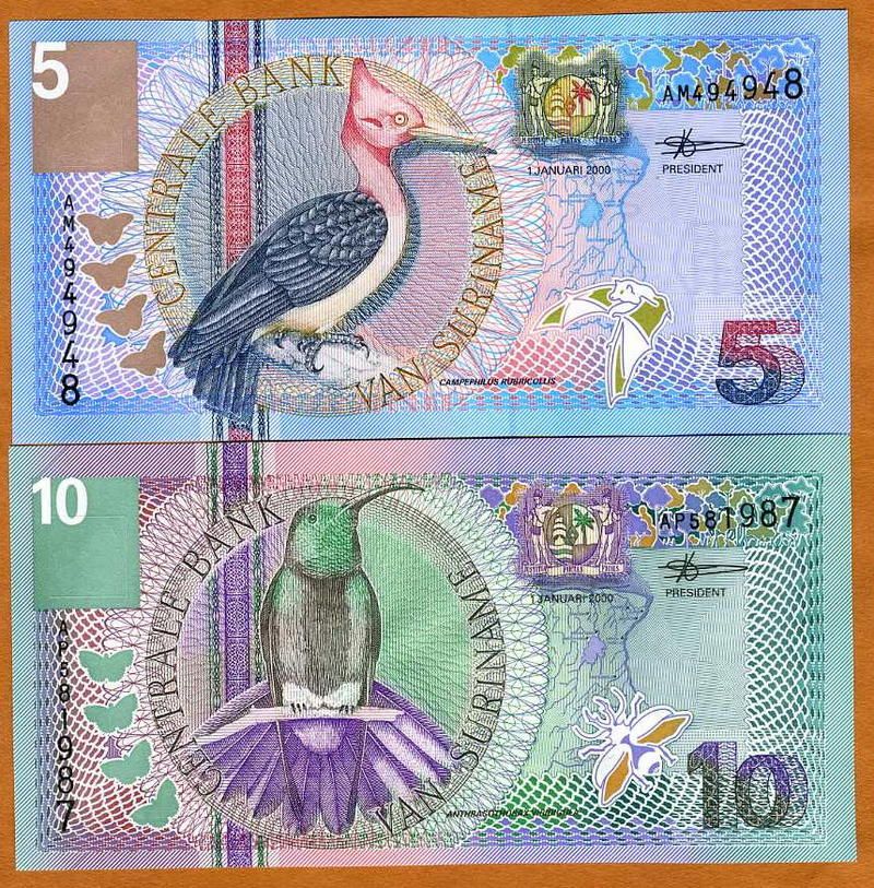 Suriname, 5 + 10 Gulden, Set, 2000, UNC  very colorful  