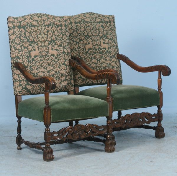 Pair, Antique Danish Embroidered Stag Arm Chairs c.1890  