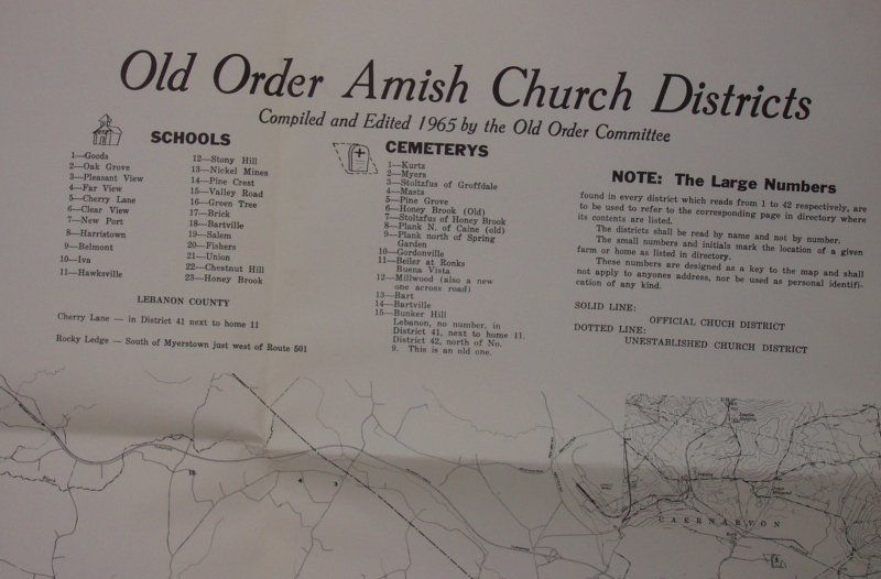 1965 Map Old Order Amish Church Districts Lancaster PA  
