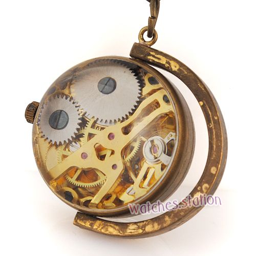 Steampunk Skeleton Golden Tone Ball Glass Case Mechanical Pocket Watch 