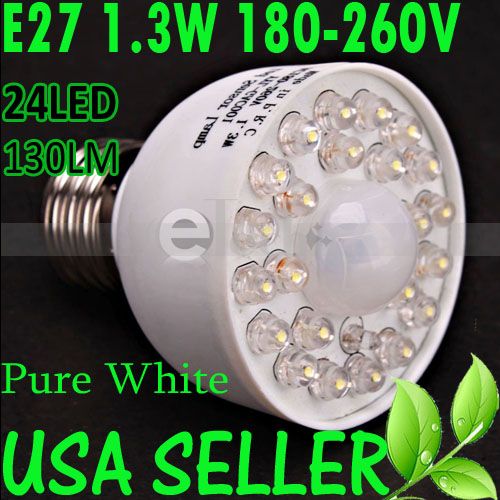 E27 180 260V 1.3W 130LM 24LED Motion Sensor LED Lamp Light Bulb  