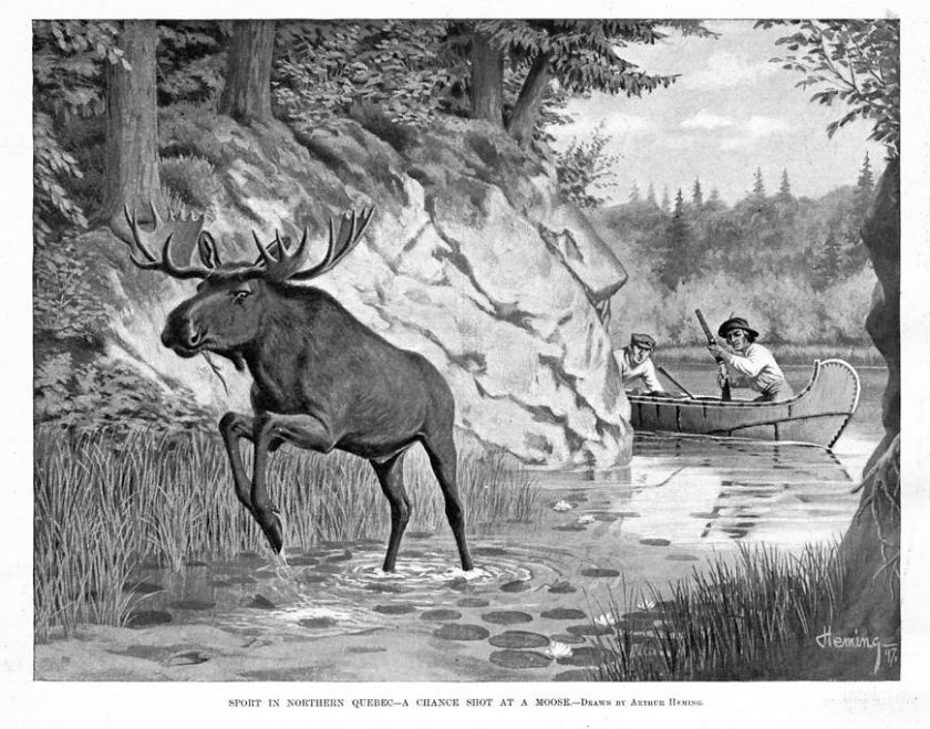 MOOSE HUNTING BY CANOE IN QUEBEC, ANTIQUE MOOSE HUNT  