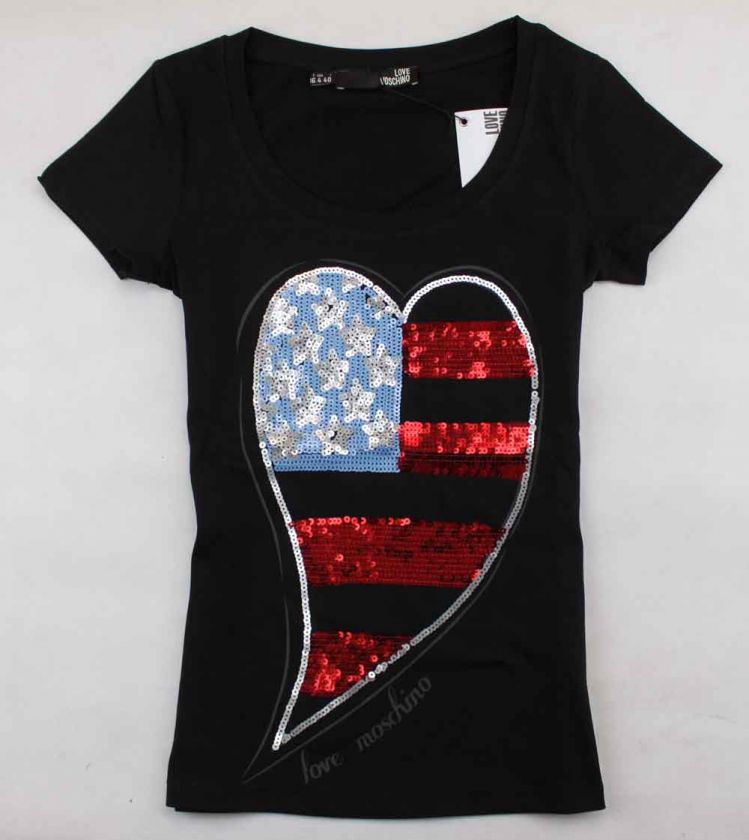 Womens/Girls Beads Stars Strips Heart Cute T Shirt/Top White/Black 