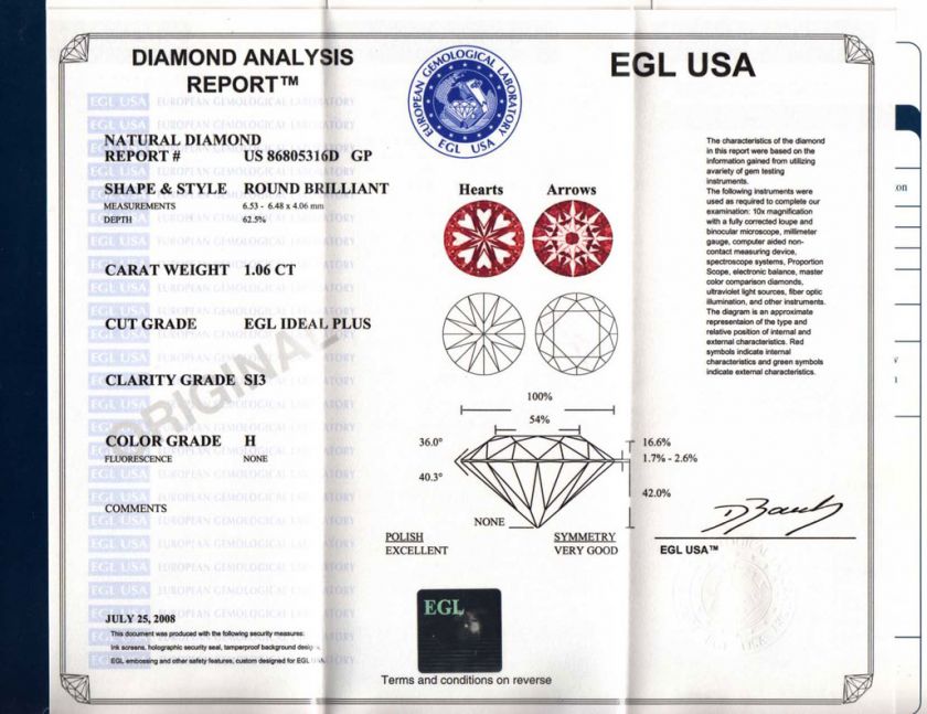 06CT H SI3 EGL CERT ROUND IDEAL+ HEARTS&ARROWS RING  