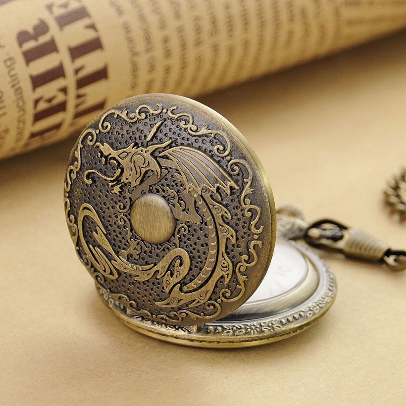 Vintage Retro Chinese Dragon Engrave Fob Quartz Pocket Watch Mens Gift 