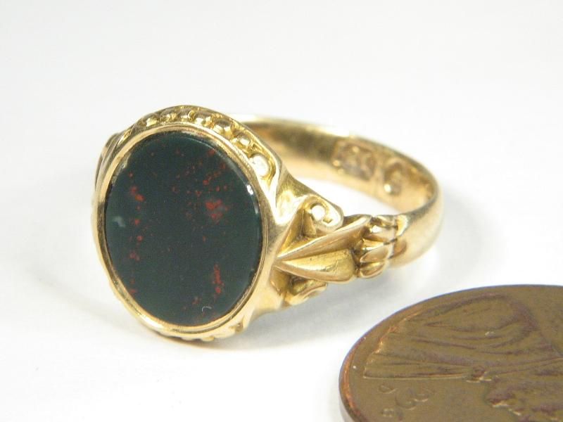   ANTIQUE ENGLISH 18K GOLD BLOODSTONE SEAL SIGNET RING c1894 NO RES