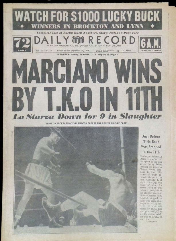   Marciano boxing Boston Newspaper dated Sept 25, 1953 Not a reprint