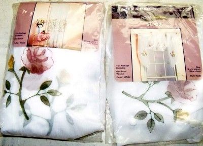   SHEER CURTAIN PANEL AND SCARF FLORAL APPLIQUE ON WHITE NEW  