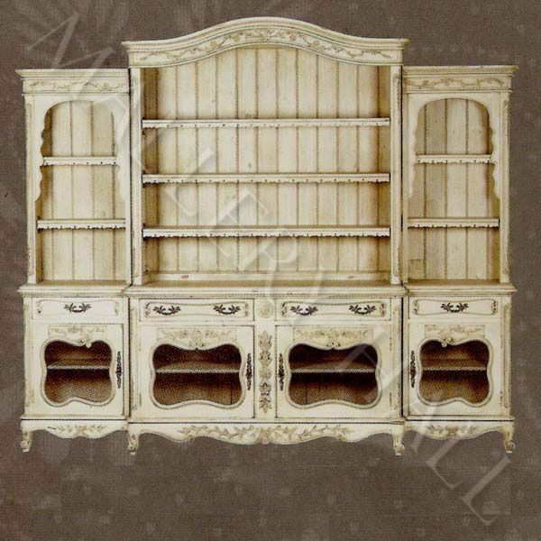 Hand Painted Open Bookcase White Linen Carved Crown  