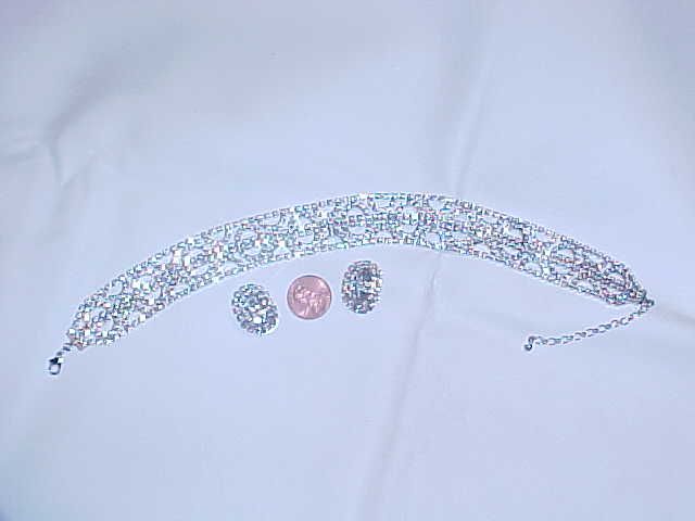 VINTAGE SILVER CRYSTAL RHINESTONE FANCY CHOKER SET G438  