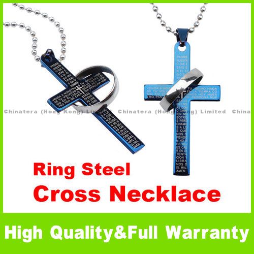 Korean Style Bible Ring Blue Steel Cross Necklace D  