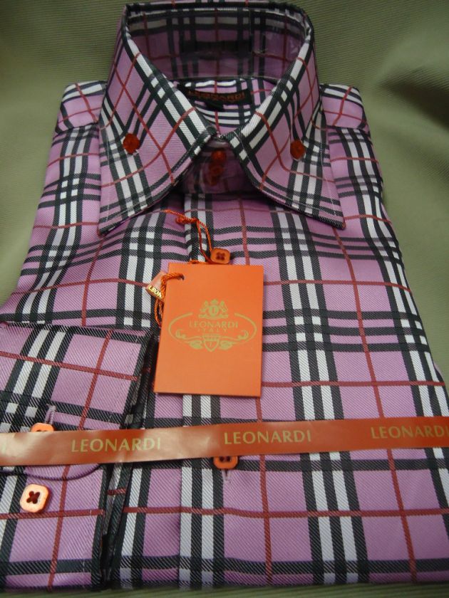 Mens Leonardi Bright Pink & Black Plaid Tartan Checkered High Collar 