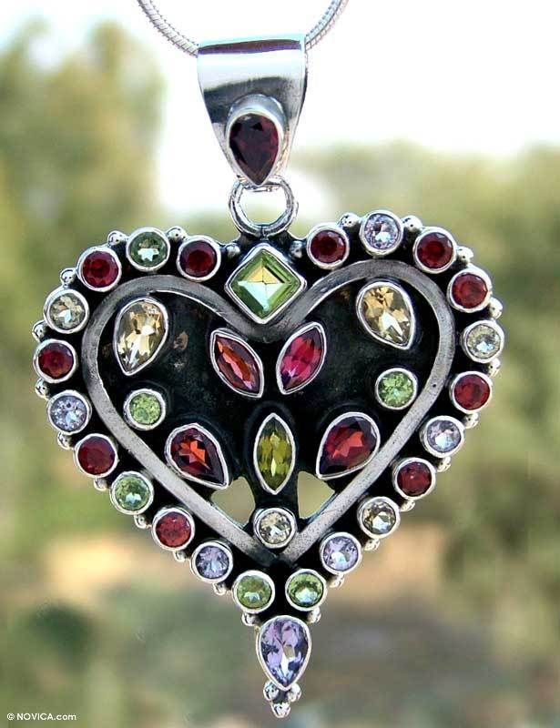 GEMS HEART~Amethyst Citrine Garnet Peridot Necklace~New  