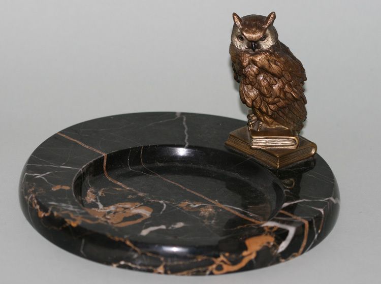 BRONZE FIGURINE OWL SITTING ON BOOKS w. MARBLE BOWL  