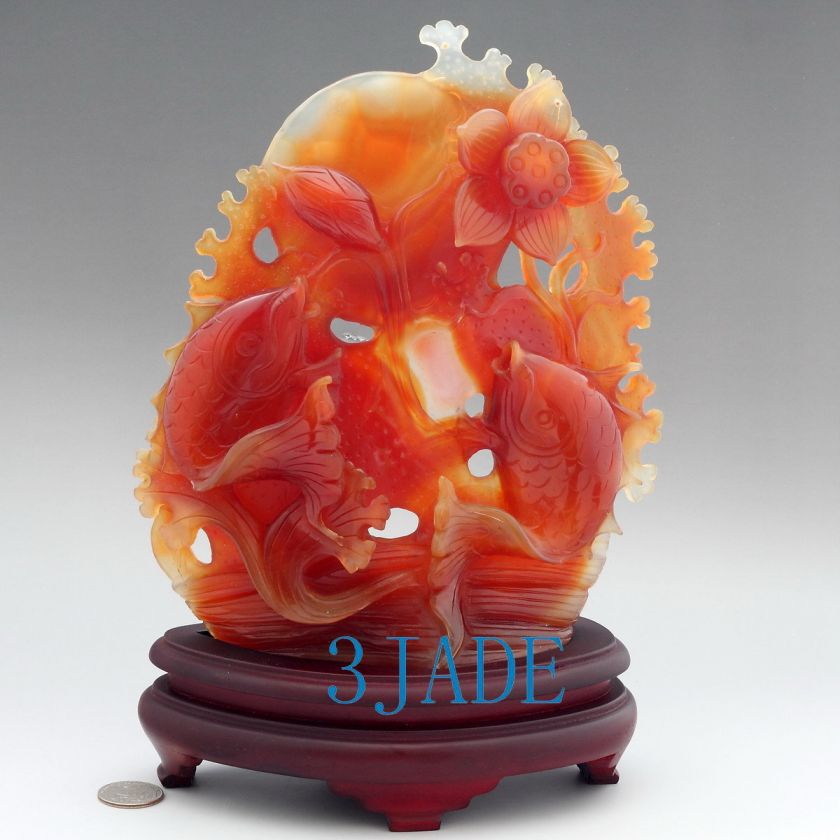 Carnelian/Red Agate Lotus Koi Fish Statue / Sculpture / Carving  