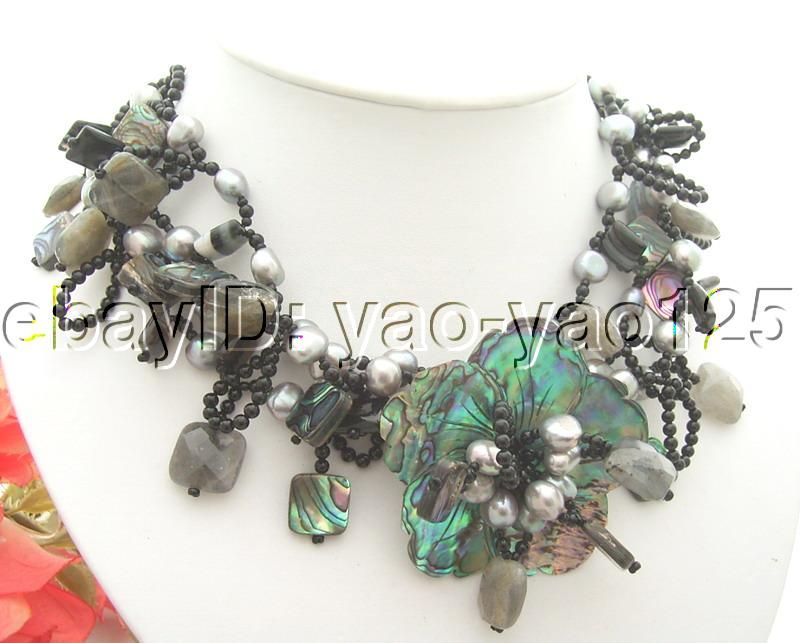 Excellent 4Strds Pearl&Onyx&Shell&Agate&Labradorite Necklace