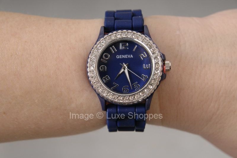 Geneva Silicone Rhinestone Watch   Navy Blue   Large  