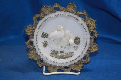Antique 1900s Milk Glass Plate w/ 2 baby chicks colored  